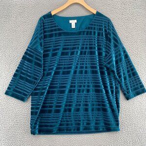 Chicos Top Womens 12 US Large Green Velvet Burnout Stripe Stretch 3/4 Sleeves